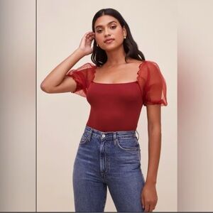 New ASTR The Label Darling Mesh‎ Puff Sleeve Bodysuit Size Medium